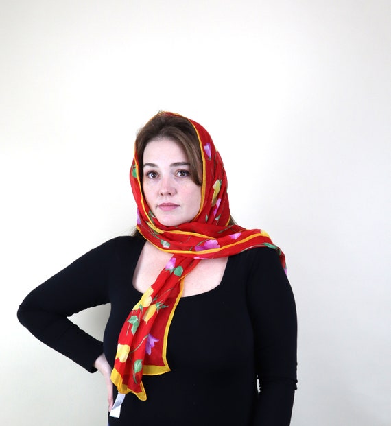 Red Orange Floral Long Neck Scarf / Sweet Romanti… - image 7