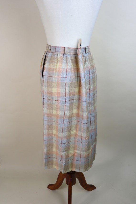 70's Cream Orange Plaid Silk Secretary Skirt / Au… - image 6