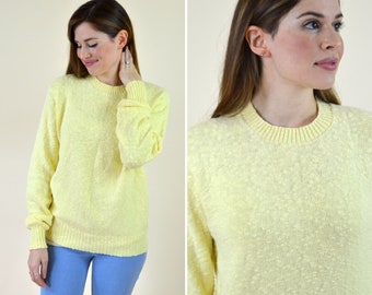 Bright Yellow Knitted Slouchy Pullover Sweater / Vintage 70's Neiman Marcus Canary Cotton Spring Knitted Jumper / Size Large