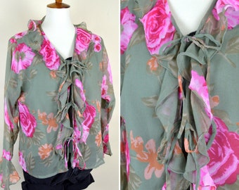 90's Green and Pink Rose Print Floral Ruffled Silk Blouse and Tank Top Set / Whimsigoth Romantic Set / Size Medium