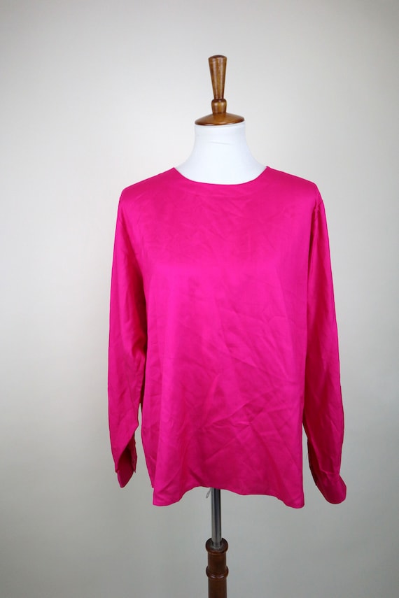 90's Fuchsia Pink Silk Dress Blouse / Secretary S… - image 2