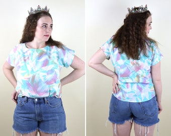 80's Vintage Pastel Colorful Floral Shirt / Abstract 1980's Print / Short Sleeve Cotton Summer Casual Top / Pastel Grunge / Size Medium