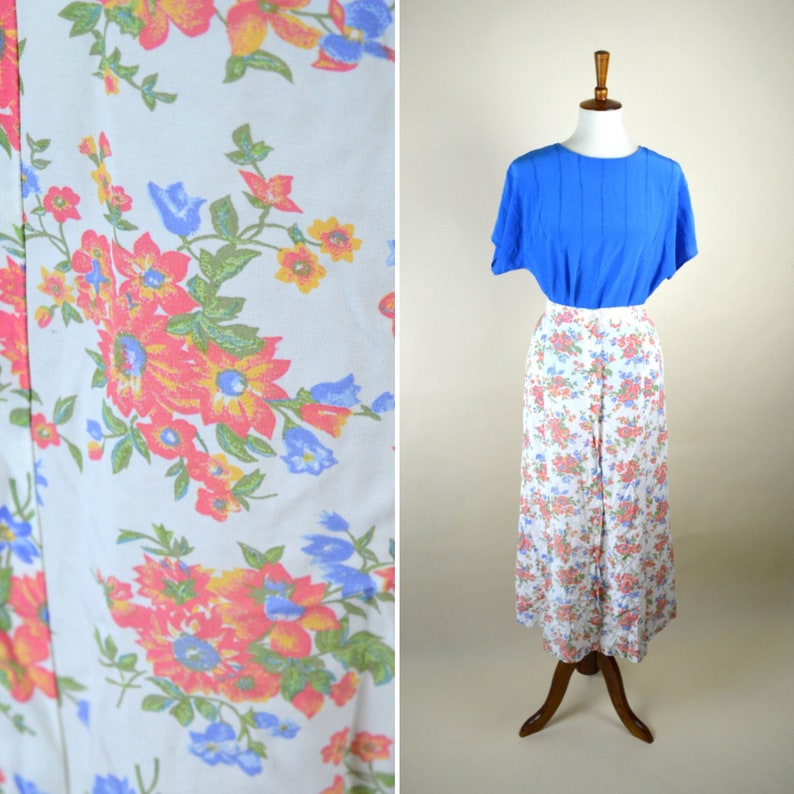Shabby Chic Mori Girl Button up Full Length A-line Skirt Size Medium 90/'s Vintage Cream Floral Rayon Grunge Skirt 30 Waist
