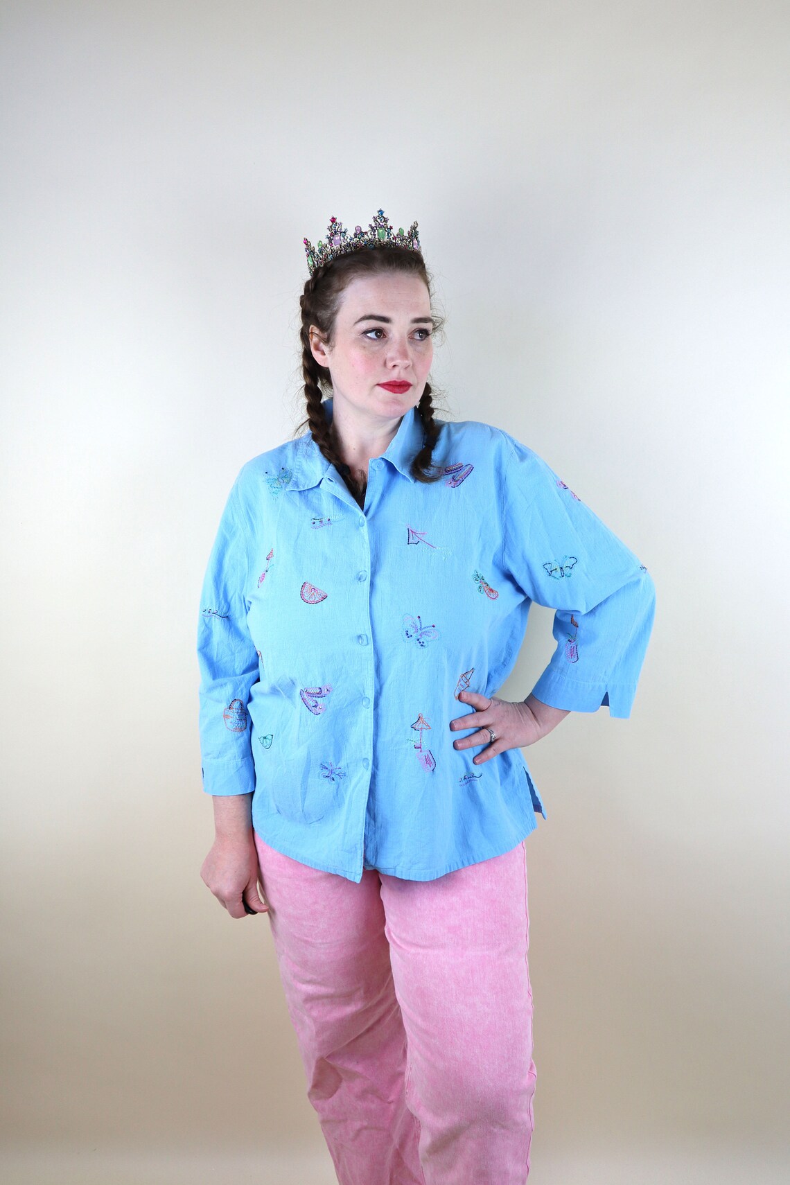 90's Vintage Bright Blue Summer Embroidered Kitschy Shirt Etsy