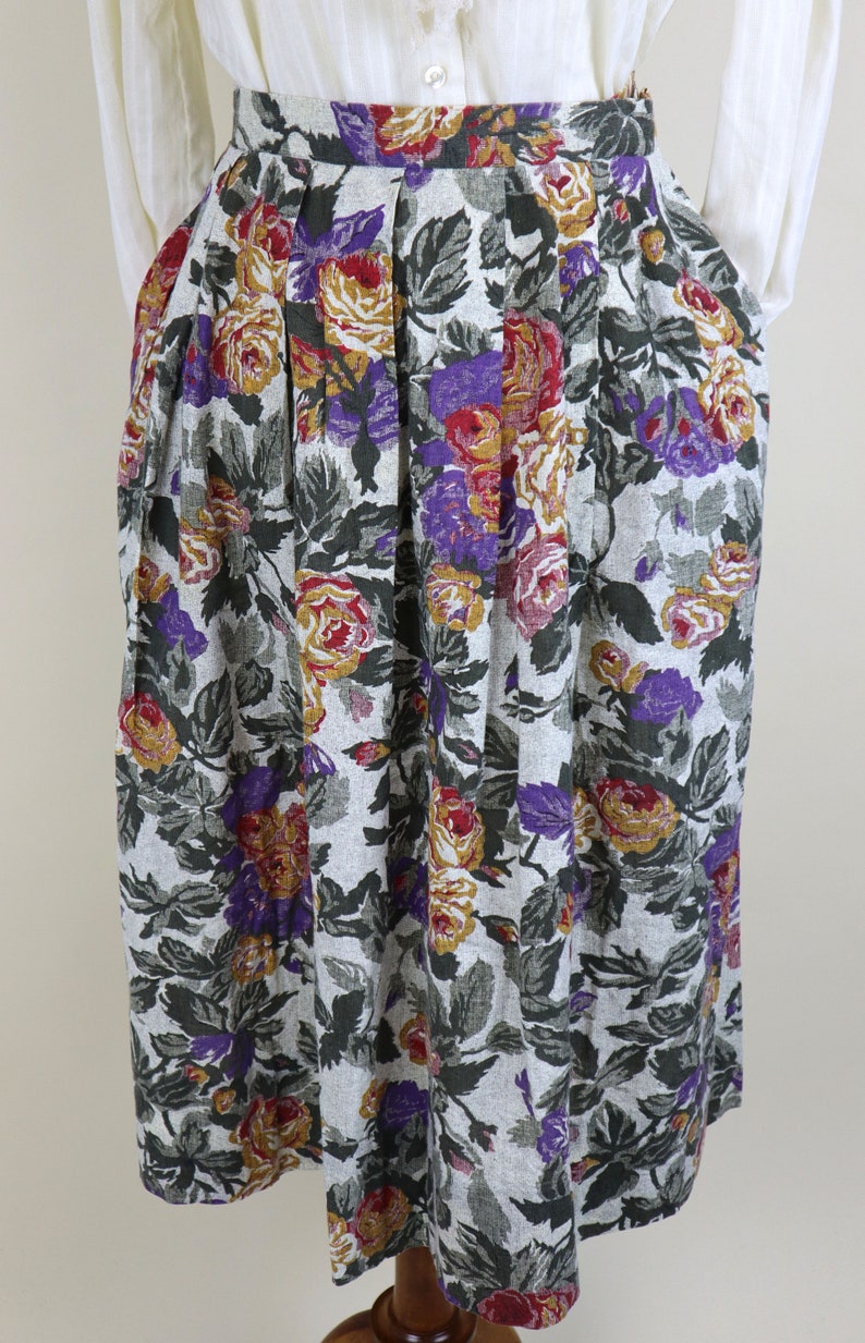 80's Purple Rose A-line Midi Skirt / Cottagecore Romantic Revival Country Summer Skirt / Women's Size Small to Medium / 28 Inch Waist image 9