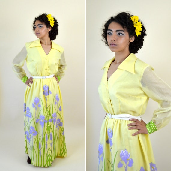 60's Yellow Iris Maxi Hawaiian Dress / RARE Alfre… - image 1