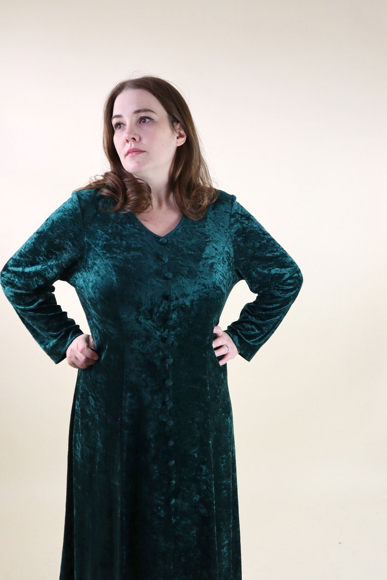 90/'s Vintage Forest Green Crushed Velvet Grunge Dress Gothic Long Sleeve Full Length Dress Modern Witch Dress Size Large