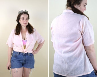 Vintage 60's Light Pink Summer Short Sleeve Shirt / Light Breezy Cotton Casual Blouse / Cottagecore / Size Large