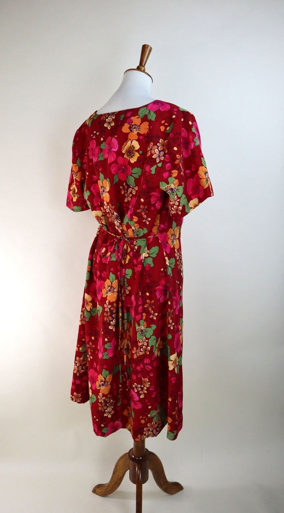 90's Red Hawaiian Floral Casual Summer Dress / Bo… - image 3