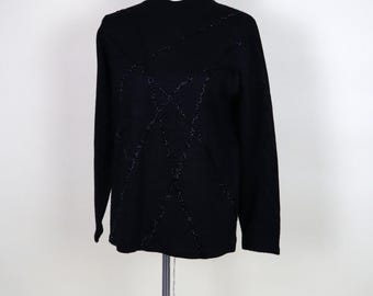 80's Vintage Goth Glam Beaded Black Mockneck Sweater /  Size Small