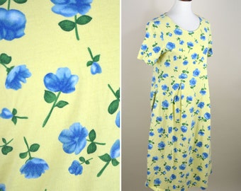 90's Yellow Blue Ditzy Babydoll Shirtdress / Romantic Floral Cottagecore Cotton Jersey Knitwear Dress /  Size Medium