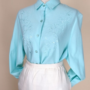 70's 80's Light Blue Embroidered Dressy Button Down Collared Blouse / Size Medium