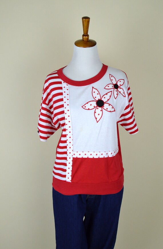 80's Red and White Casual Rockabilly Sweater Top … - image 7