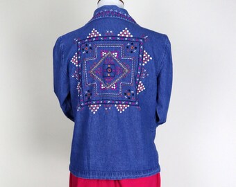 90's Vintage Blue Denim Embroidered Light Jacket / Size Petite Small Medium