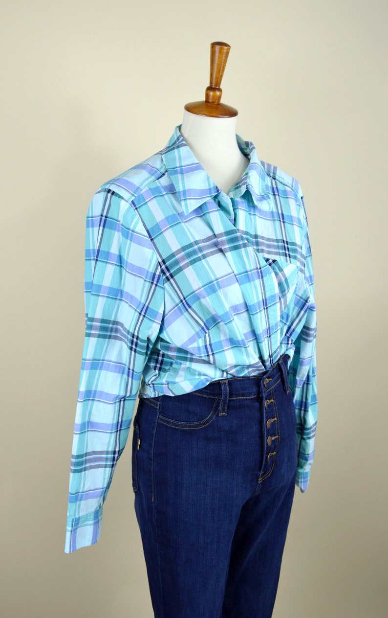 Vintage 90/'s Blue and White Cotton Summer Plaid Shirt Long Sleeve Button up Top Spring Fashion Country Girl Mori Girl Size XXLarge