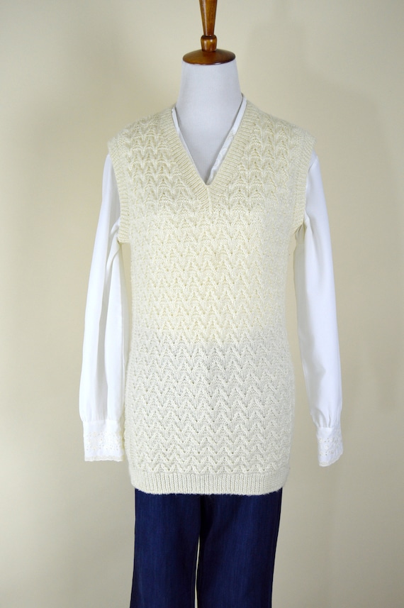 Vintage 70's Chevron Knit Cream Pullover Sweater … - image 2