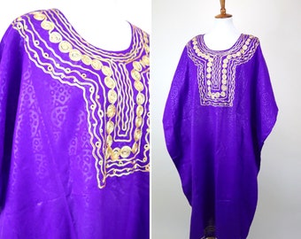 80's Vintage Purple Gold Embroidered Fancy Dress Kaftan / Full Length Maxi Loose fit Sundress / Traditional / One Size Fits Most