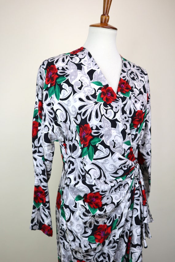 80's Rose Print SILK Faux Wrap Dress / Semi Forma… - image 9