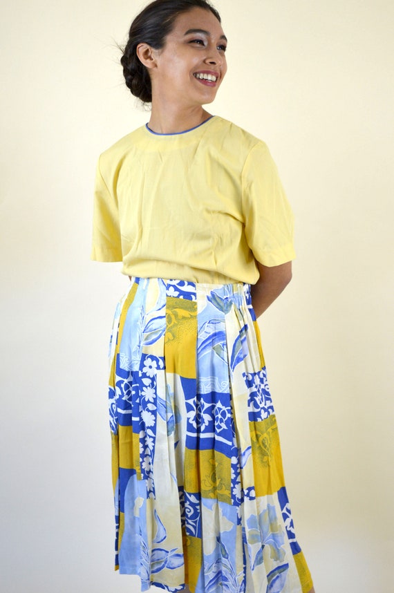 80's Yellow Patchwork Print Flowy Skirt / A-line … - image 6