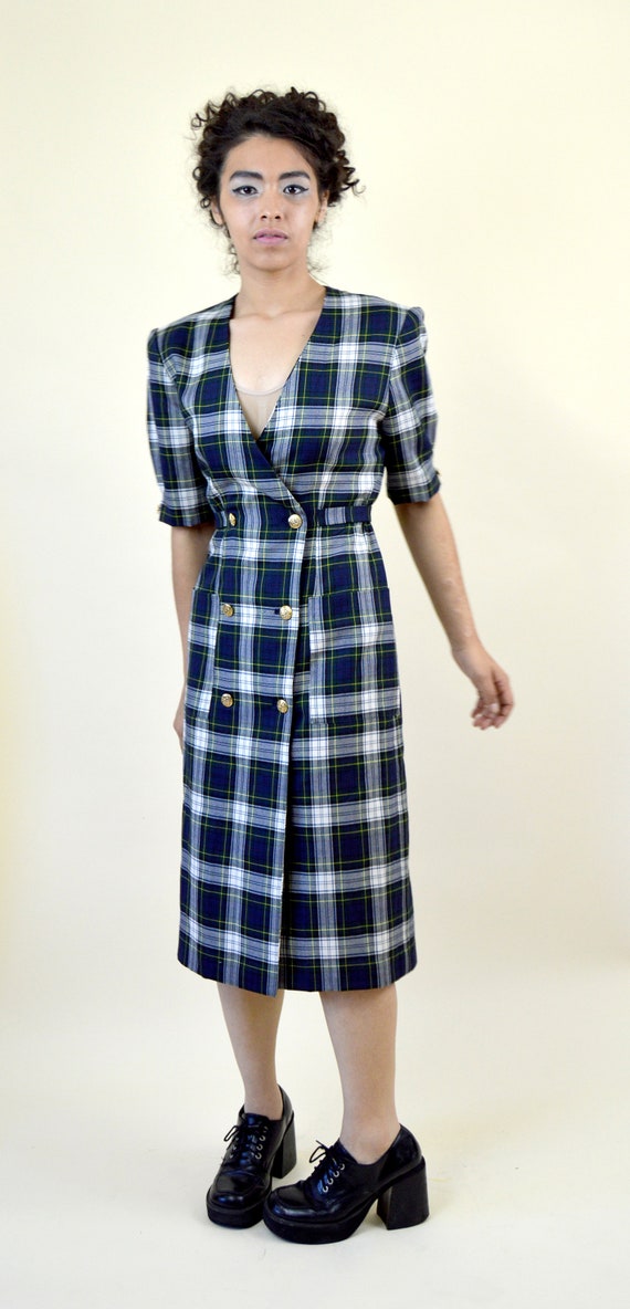 Vintage 80s Green Dark Academia Tartan Plaid  Dre… - image 3