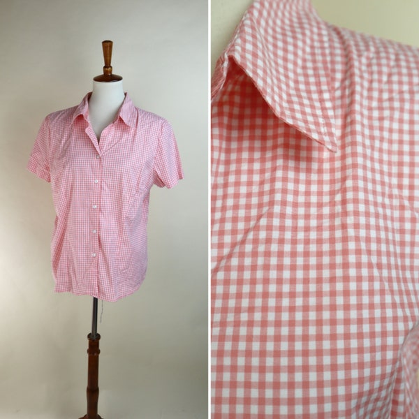 Y2K Light Pink Gingham Cottagecore Shirt / Romantic Fitted Country girl Button down Blouse / St. Johns Bay / Size X-large