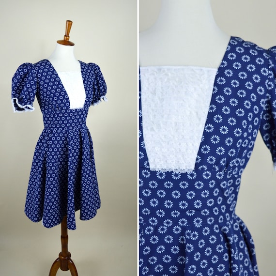 70's Blue and White Lolita Circle Dress / Frilly … - image 1