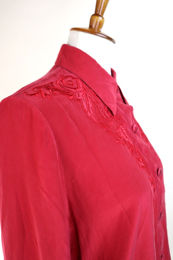 90's Red Silky Dress Shirt / Country Western Embr… - image 7