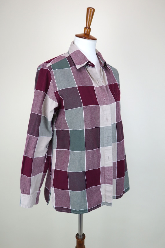 90's Red and Beige Block Plaid Cotton Shirt / Lon… - image 2