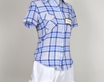 70's Vintage Deadstock Blue Plaid Casual Summer Shirt / Size Small