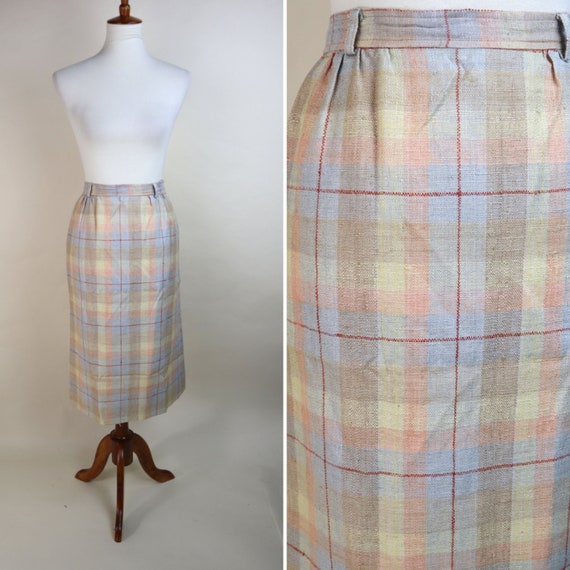 70's Cream Orange Plaid Silk Secretary Skirt / Au… - image 1