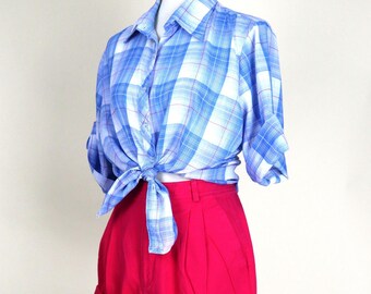 70's Light Blue Plaid Short Sleeve Button Down Shirt / Size Medium Large