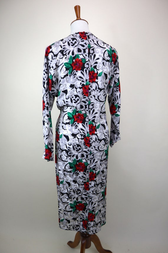 80's Rose Print SILK Faux Wrap Dress / Semi Forma… - image 8