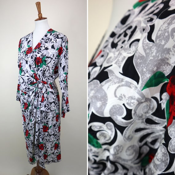 80's Rose Print SILK Faux Wrap Dress / Semi Forma… - image 1