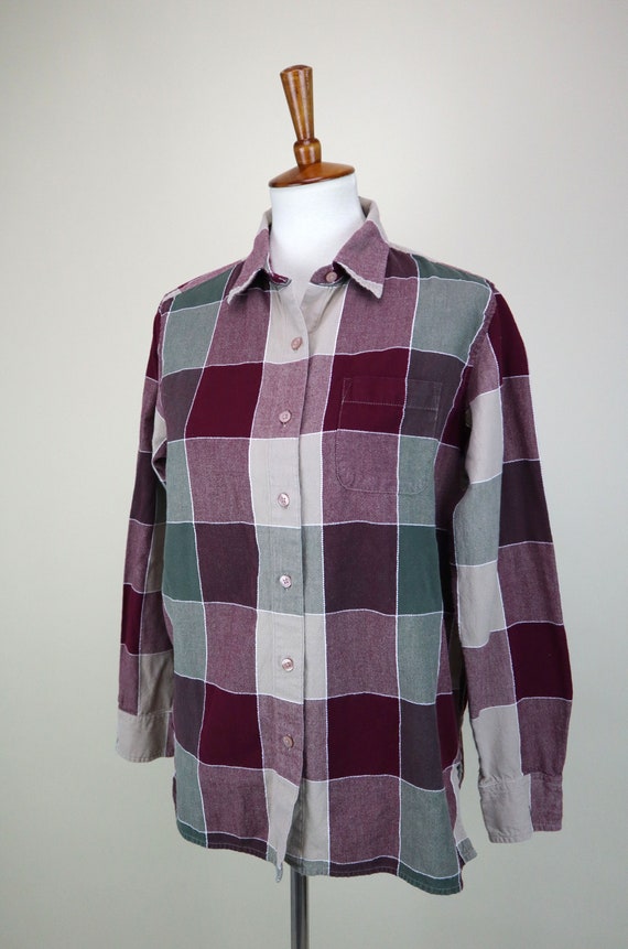 90's Red and Beige Block Plaid Cotton Shirt / Lon… - image 8