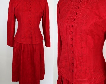 1990's Red Embroidered Suit Dress / 90's Does 40's Style Faux Two piece Posh Secretary Dress / Size Small Medium