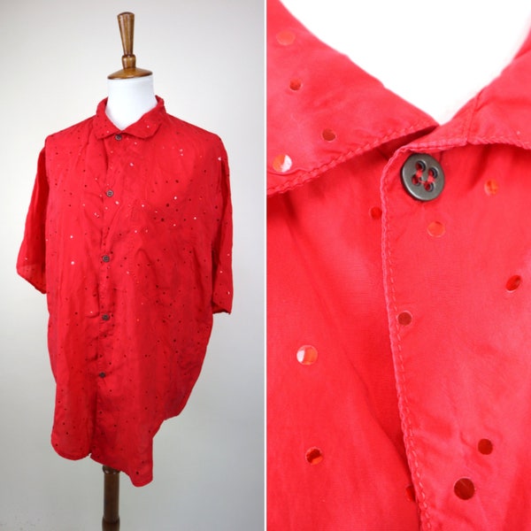 80's Vintage Red Glam Rock Dress Shirt / Short Sleeve Summer Blouse / Button up Silky Tee / Oversized Medium