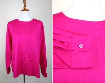 90's Fuchsia Pink Silk Dress Blouse / Secretary Style Academia Dressy Shirt / Women's Size Large