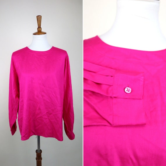 90's Fuchsia Pink Silk Dress Blouse / Secretary S… - image 1