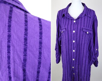 90's Vintage Dark Purple Casual Button up Shirt / Loose Fit Striped Fashion Blouse / Oversized Beach Cover Top / Plus Size 2X