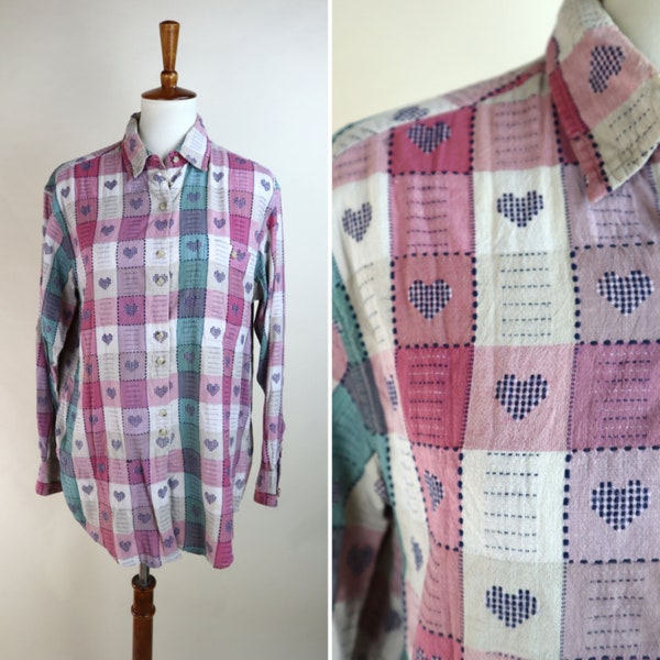 80's Krazy Kat Pink Heart Plaid Shirt  / Femme Cottagecore Cute Checkered Button Up /  Size Medium