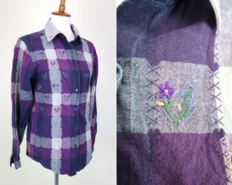90's Purple Plaid Cottagecore Shirt / Long Sleeve Floral Embroidery Romantic Top / Women's Size Medium