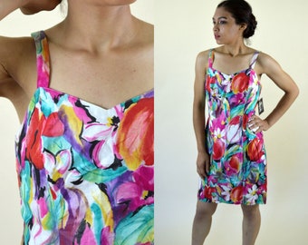 80's Pink Tulip Wiggle Mini Dress /  Watercolor Floral Print Cotton Sumer Sundress / Women's Size Medium