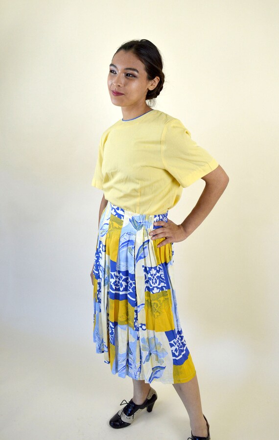 80's Yellow Patchwork Print Flowy Skirt / A-line … - image 7