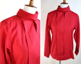 70's Red High Neck Classy Secretary Blouse / Pullover Pleated Dress Shirt / Size Small Medium