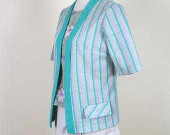 70's Hippie Overshirt gestreift, petrol grün und pink, Grösse Medium
