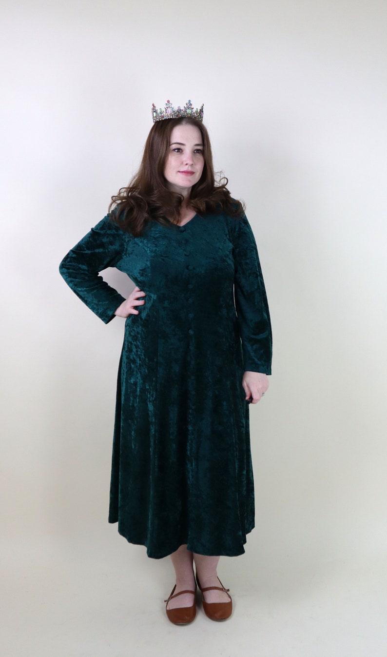 90/'s Vintage Forest Green Crushed Velvet Grunge Dress Gothic Long Sleeve Full Length Dress Modern Witch Dress Size Large