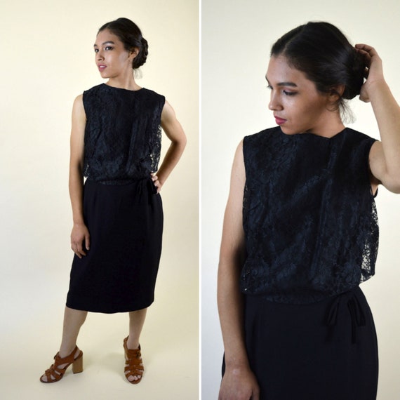 Vintage 50's Black Lace Cocktail Wiggle Dress / L… - image 1