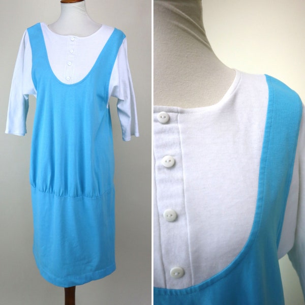 80's Blue White Knitwear Slouchy Dress / Faux Pinafore Jersey Knit Casual Shift Dress / Women's Size Medium to Large