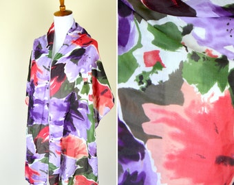 80's Vintage Purple  Floral Print Blanket Scarf / Light Summer Extra Large Fashion Shawl / Vintage Spring Flower Print Scarf / gift for her