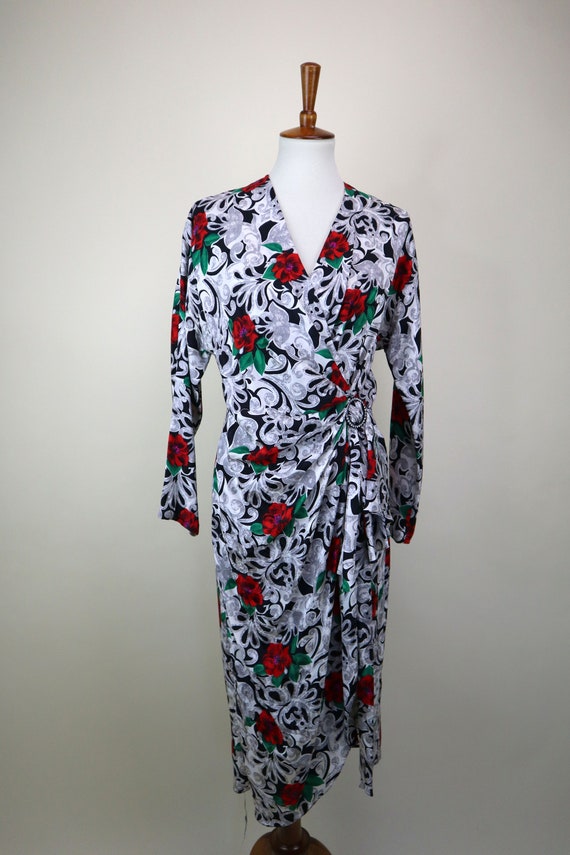 80's Rose Print SILK Faux Wrap Dress / Semi Forma… - image 2